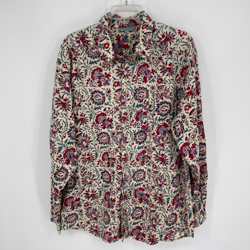 Accacia Women's Cream Red Blue Floral Block Print Button Front Shirt Size L-XL